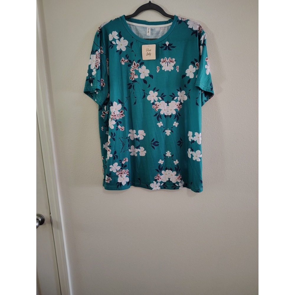 Pixie Lady Womens Teal Floral Short Sleeve Crew Neck Top Plus Size 1X NWT
